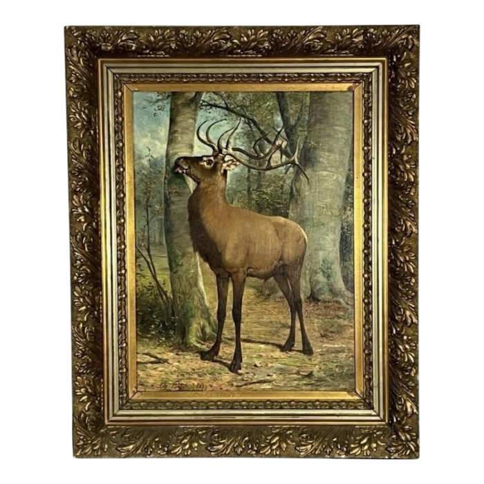 signed and dated 1879 belgian artist charles boland oc painting of a stag marking a tree trunk framed 8198