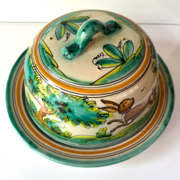 spanish ceramic hand painted cheese plate with lid featuring dog and hare marked toledo 2425