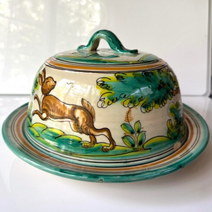 spanish ceramic hand painted cheese plate with lid featuring dog and hare marked toledo 3509