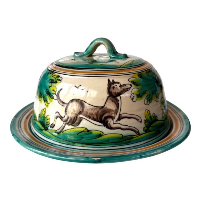 spanish ceramic hand painted cheese plate with lid featuring dog and hare marked toledo 5952