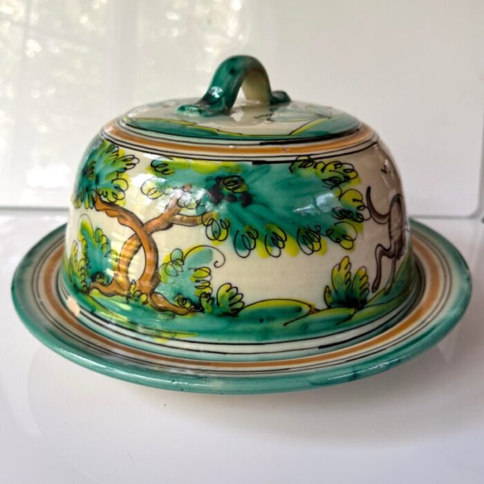 spanish ceramic hand painted cheese plate with lid featuring dog and hare marked toledo 8647