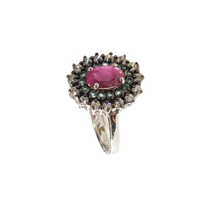 sterling silver ring with ruby and glass aquamarine diamond stones size 5 0103