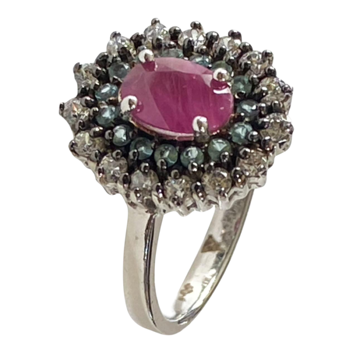 sterling silver ring with ruby and glass aquamarine diamond stones size 5 6388