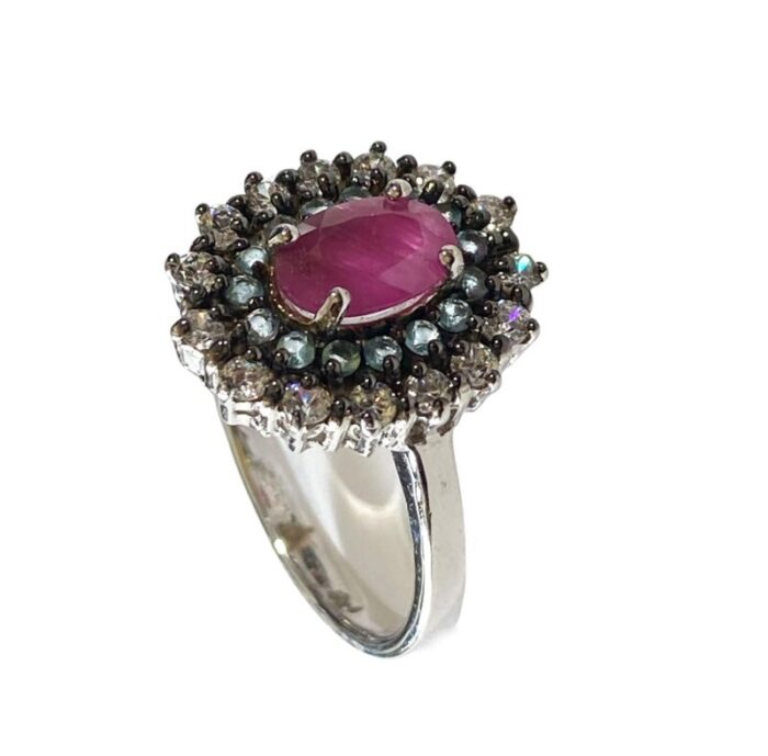 sterling silver ring with ruby and glass aquamarine diamond stones size 5 7976