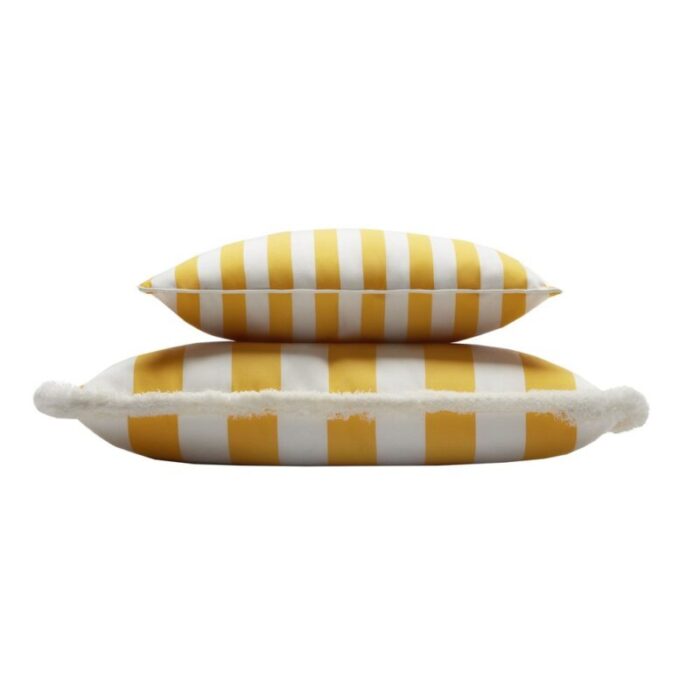 striped outdoor happy cushion cover in yellow and white with piping from lo decor 2