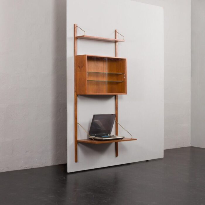 teak wall unit with desk and vitrine by poul cadovius for cado 1960s 5934