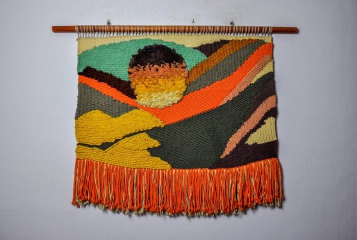 textured macrame wall tapestry catalan sunset spain 1970s 1