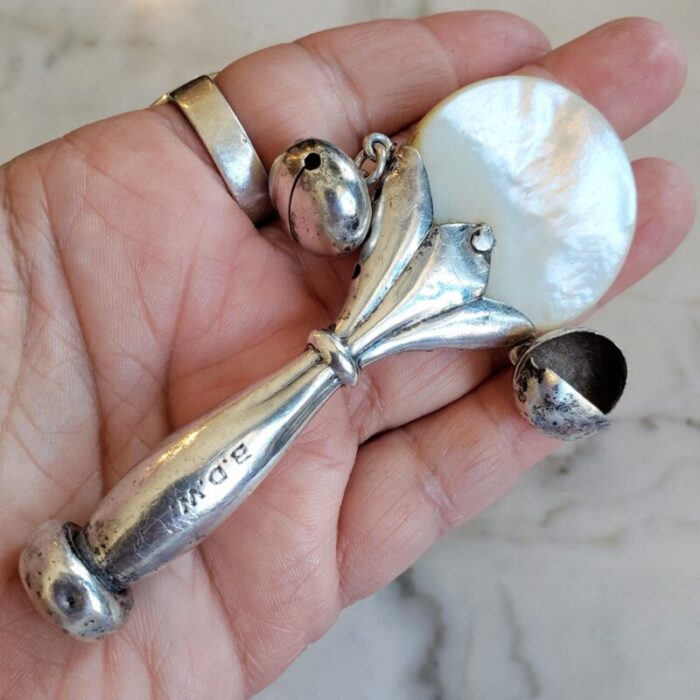 tiffany and co antique sterling silver and mother of pearl baby rattle teether whistle c1886 0871