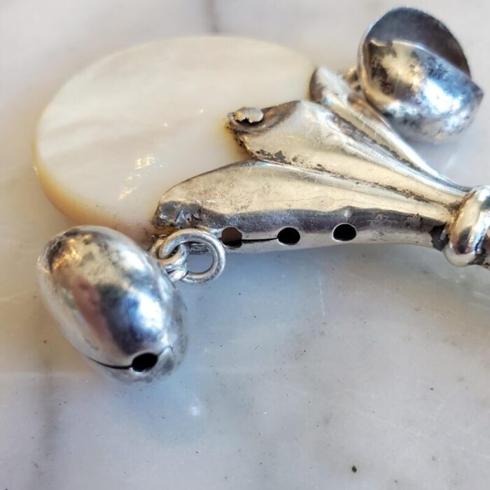 tiffany and co antique sterling silver and mother of pearl baby rattle teether whistle c1886 4452