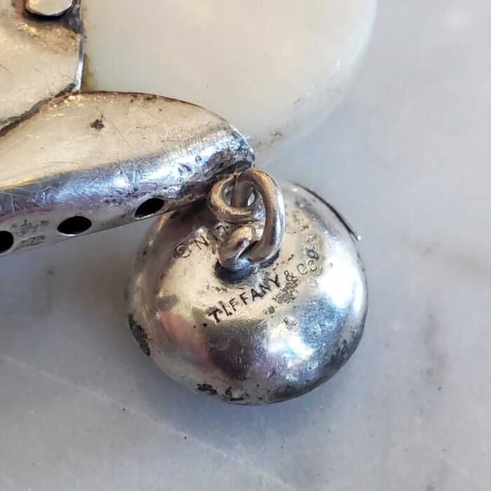 tiffany and co antique sterling silver and mother of pearl baby rattle teether whistle c1886 4463