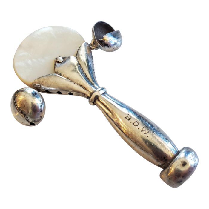 tiffany and co antique sterling silver and mother of pearl baby rattle teether whistle c1886 5962