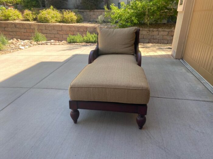 transitional cherry wood chaise lounge with gold upholstered cushions 1610