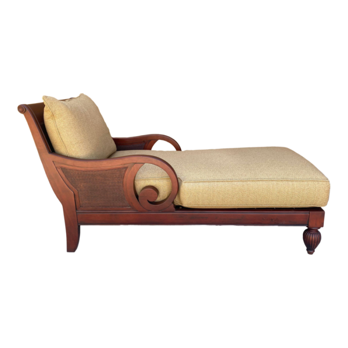 transitional cherry wood chaise lounge with gold upholstered cushions 6244