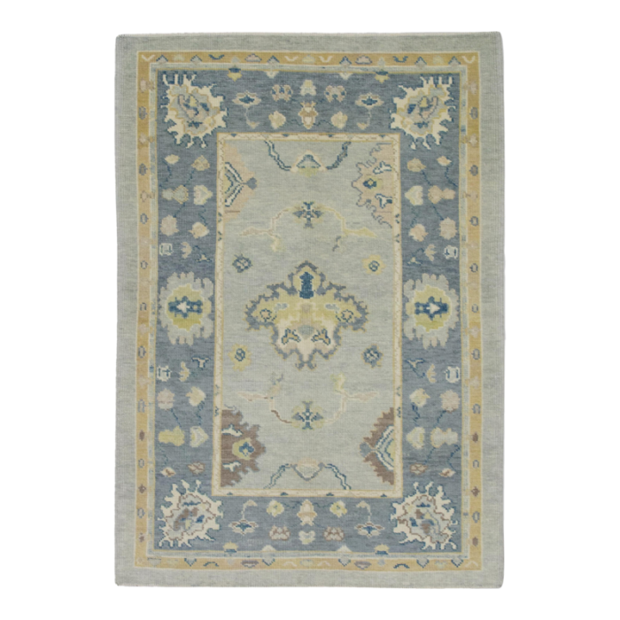 turkish oushak rug blue floral handwoven wool 4 x 61 early 21st century oriental rug 8118