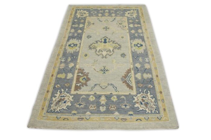 turkish oushak rug blue floral handwoven wool 4 x 61 early 21st century oriental rug 8420