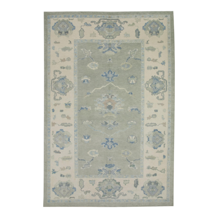 turkish oushak rug green and blue handwoven floral wool 511 x 88 early 21st century 8717