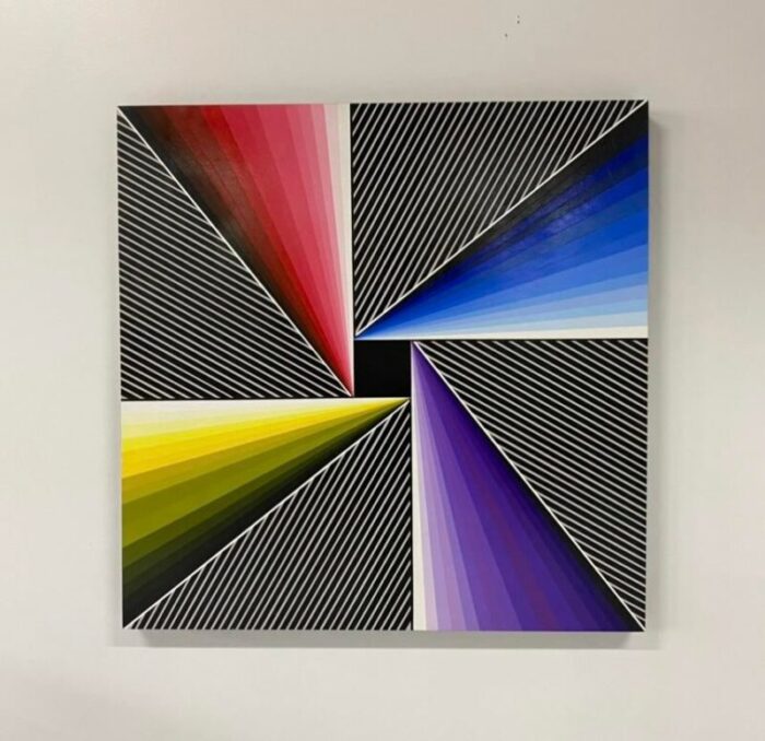 unique op art painting on carved wood 9434