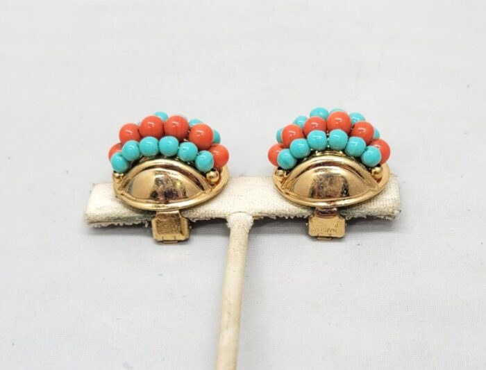 vintage 1950s napier round domed faux turquoise and coral beaded clip earrings 2 pieces 0771