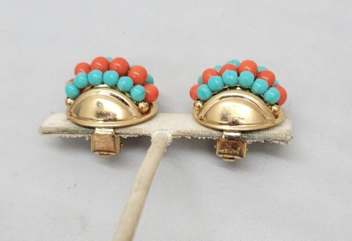 vintage 1950s napier round domed faux turquoise and coral beaded clip earrings 2 pieces 2581