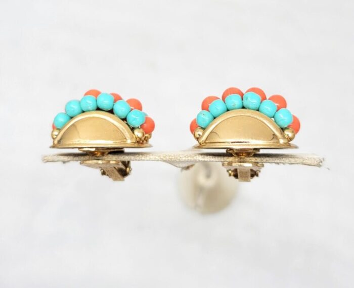 vintage 1950s napier round domed faux turquoise and coral beaded clip earrings 2 pieces 3419