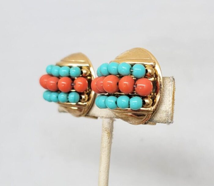 vintage 1950s napier round domed faux turquoise and coral beaded clip earrings 2 pieces 4180