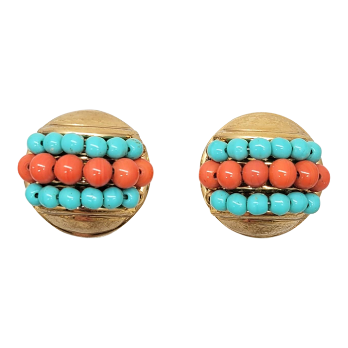 vintage 1950s napier round domed faux turquoise and coral beaded clip earrings 2 pieces 4795