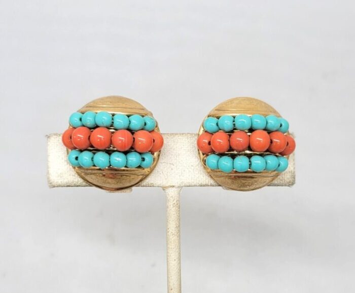 vintage 1950s napier round domed faux turquoise and coral beaded clip earrings 2 pieces 5878