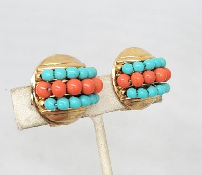 vintage 1950s napier round domed faux turquoise and coral beaded clip earrings 2 pieces 6176