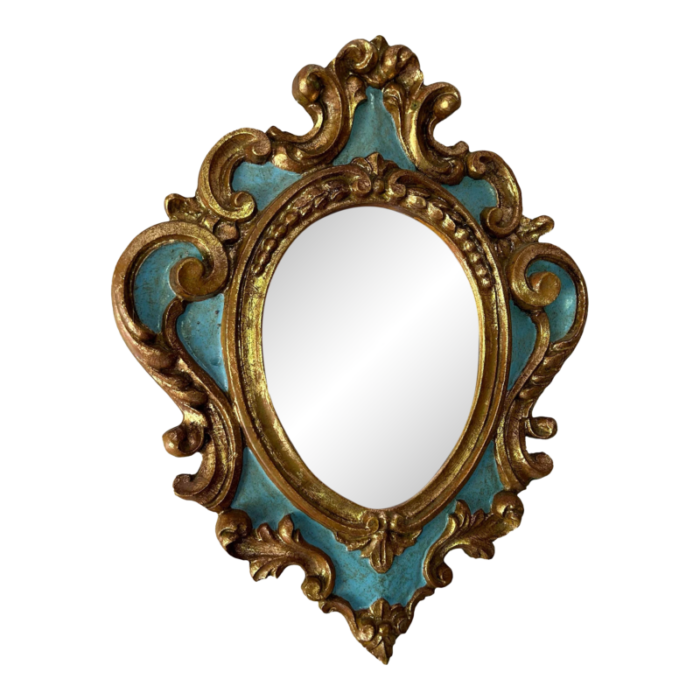 vintage 1960s small blue and gold ornate oval mirror made in italy 6187