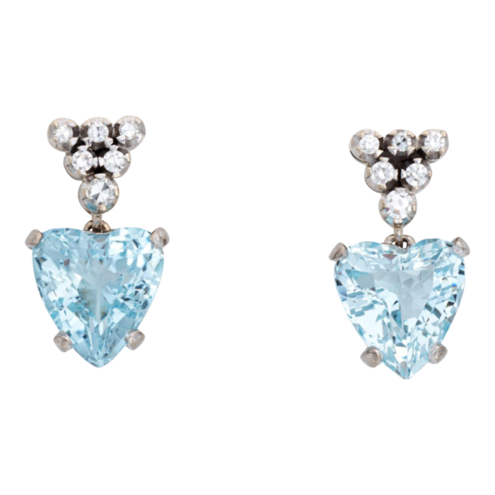 vintage aquamarine heart diamond 18k white gold drops earring 2 pieces 4747