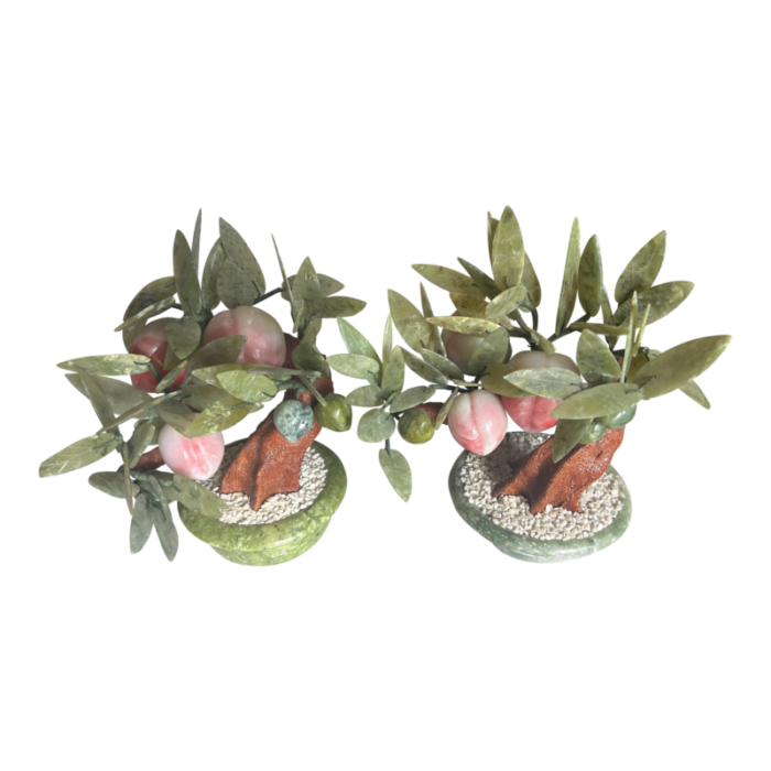 vintage bonsai jade stone fruit pair of bowls with peach trees peaches and leaves 8276