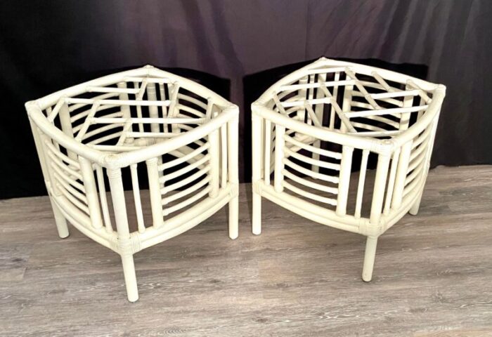 vintage chinese chippendale chinoiserie bamboo and wicker side tables a pair 0515