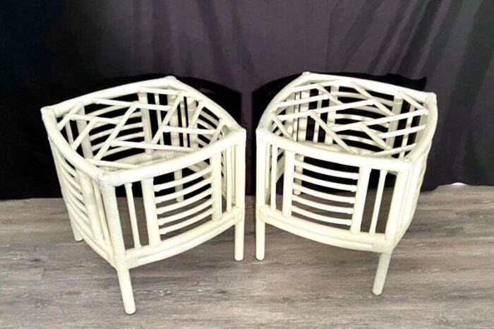 vintage chinese chippendale chinoiserie bamboo and wicker side tables a pair 0769