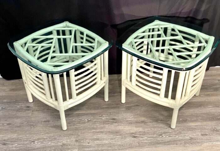 vintage chinese chippendale chinoiserie bamboo and wicker side tables a pair 0960