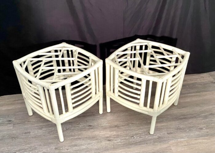 vintage chinese chippendale chinoiserie bamboo and wicker side tables a pair 1089