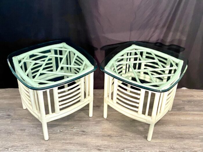 vintage chinese chippendale chinoiserie bamboo and wicker side tables a pair 1279