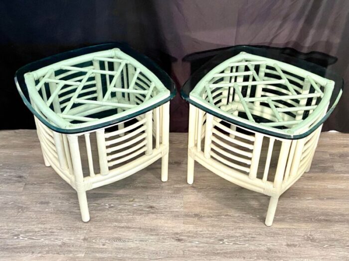 vintage chinese chippendale chinoiserie bamboo and wicker side tables a pair 3769