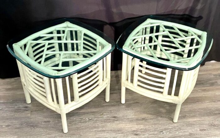 vintage chinese chippendale chinoiserie bamboo and wicker side tables a pair 4694