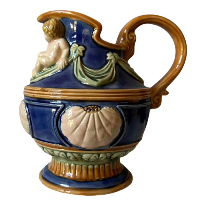 vintage chinese majolica pitcher jug with putti and sea shells 3287