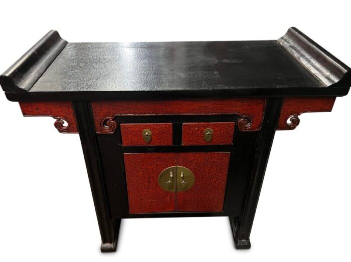 vintage chinoiserie pagoda side tables or nightstands in black with red faux shagreen and black lacquer a pair 1958