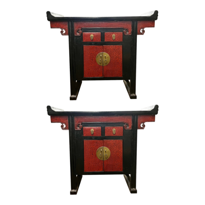 vintage chinoiserie pagoda side tables or nightstands in black with red faux shagreen and black lacquer a pair 2722