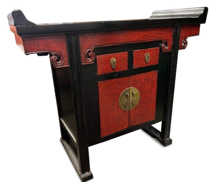 vintage chinoiserie pagoda side tables or nightstands in black with red faux shagreen and black lacquer a pair 3718