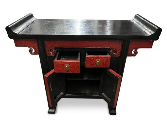 vintage chinoiserie pagoda side tables or nightstands in black with red faux shagreen and black lacquer a pair 4502