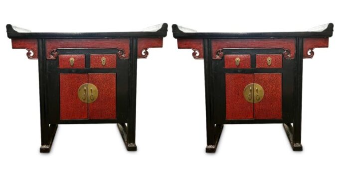 vintage chinoiserie pagoda side tables or nightstands in black with red faux shagreen and black lacquer a pair 6679