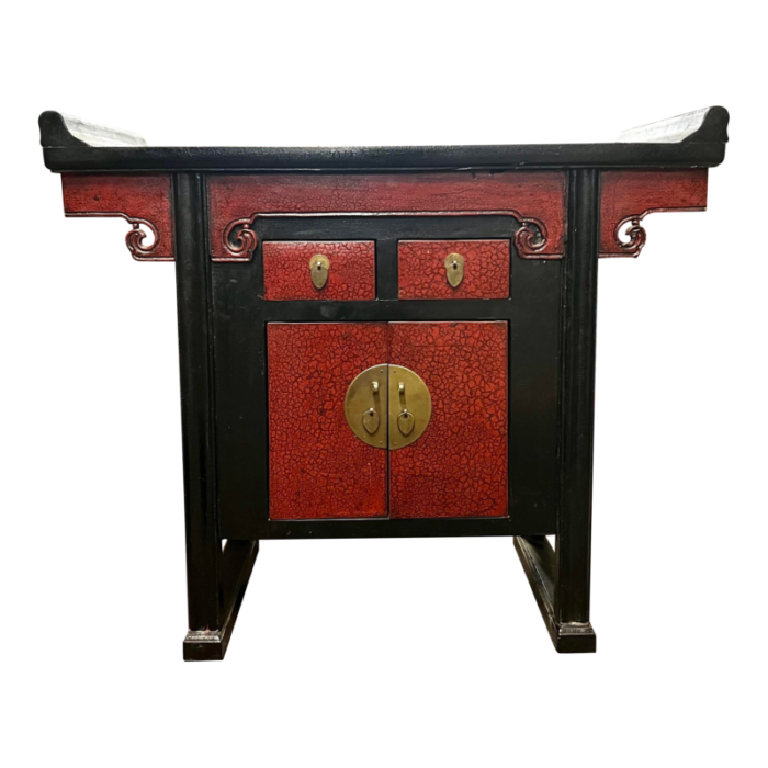 vintage chinoiserie pagoda side tables or nightstands in black with red faux shagreen and black lacquer a pair 7878