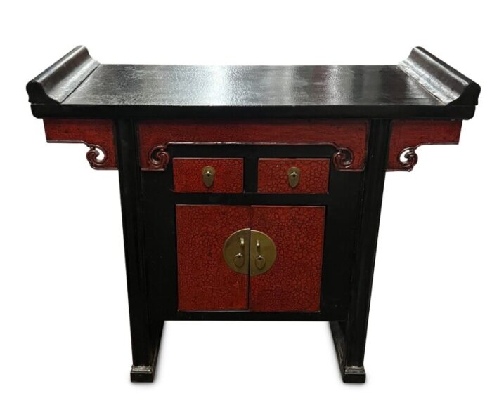 vintage chinoiserie pagoda side tables or nightstands in black with red faux shagreen and black lacquer a pair 8124