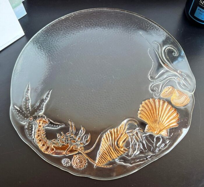 vintage clear pebbled glass and gold seafood serving platter 0139