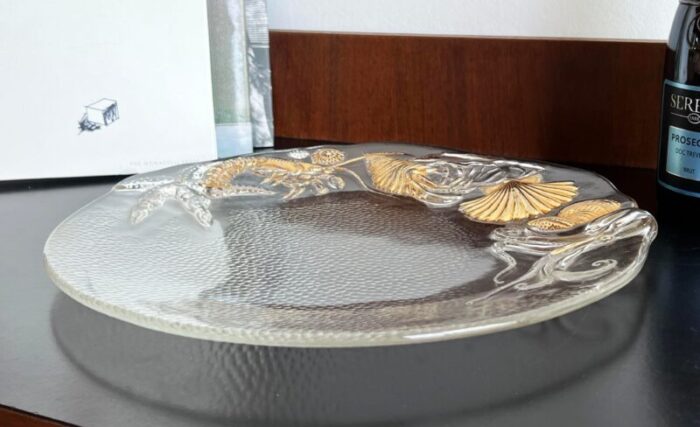 vintage clear pebbled glass and gold seafood serving platter 4505