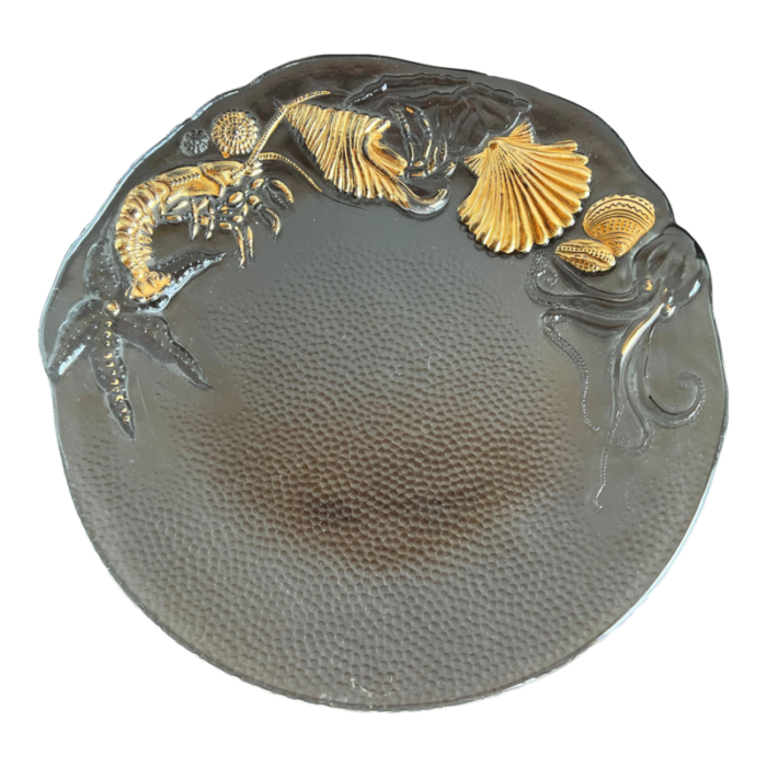 vintage clear pebbled glass and gold seafood serving platter 9149