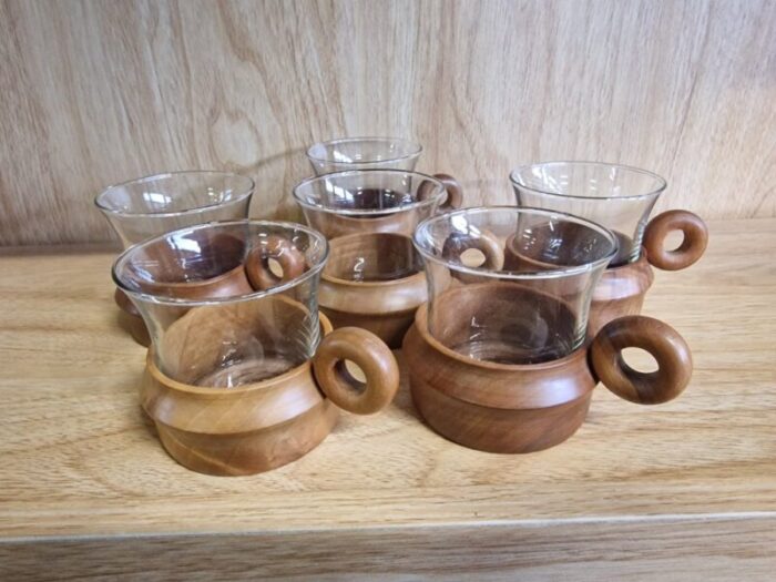 vintage cups in teak set of 6 1